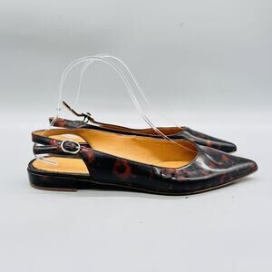 J Crew Shoes Womens 8.5 Brown Leather Slingback Flats Tortoise Print Pointed Toe